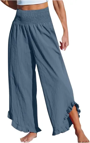 Linen Pants Women Wide Leg Palazzo Pants Elastic High Waisted Trousers Summer Beach Bottoms Loose Fit Casual Pant