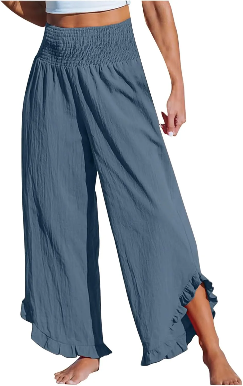 Linen Pants Women Wide Leg Palazzo Pants Elastic High Waisted Trousers Summer Beach Bottoms Loose Fit Casual Pant