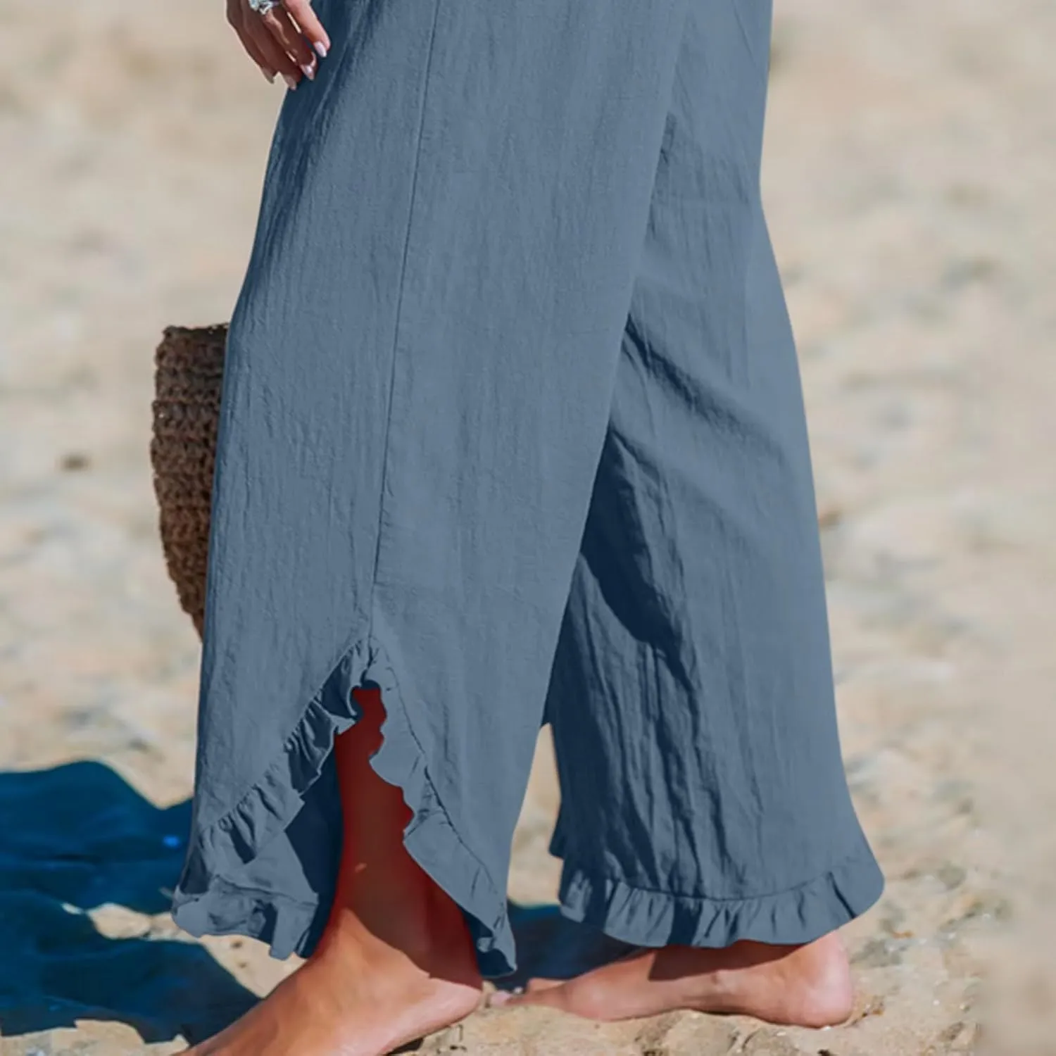 Linen Pants Women Wide Leg Palazzo Pants Elastic High Waisted Trousers Summer Beach Bottoms Loose Fit Casual Pant
