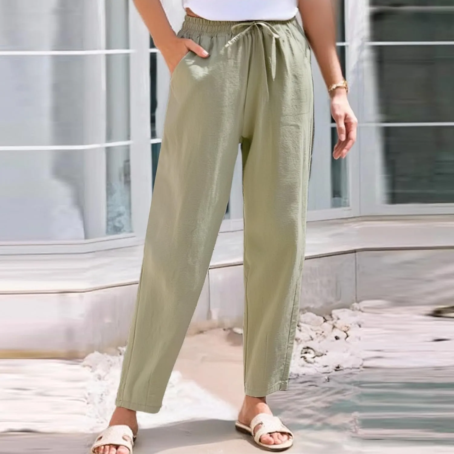 Linen Pants Women Wide Leg Palazzo Pants High Elastic Waisted Lounge Pants with Pockets Drawstring