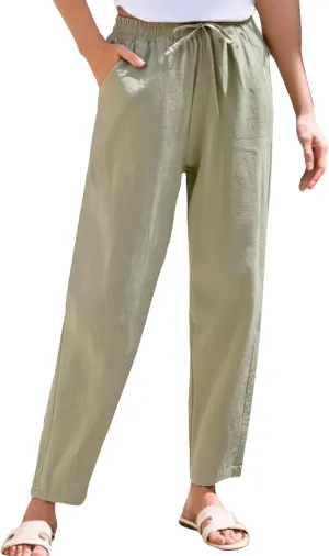 Linen Pants Women Wide Leg Palazzo Pants High Elastic Waisted Lounge Pants with Pockets Drawstring