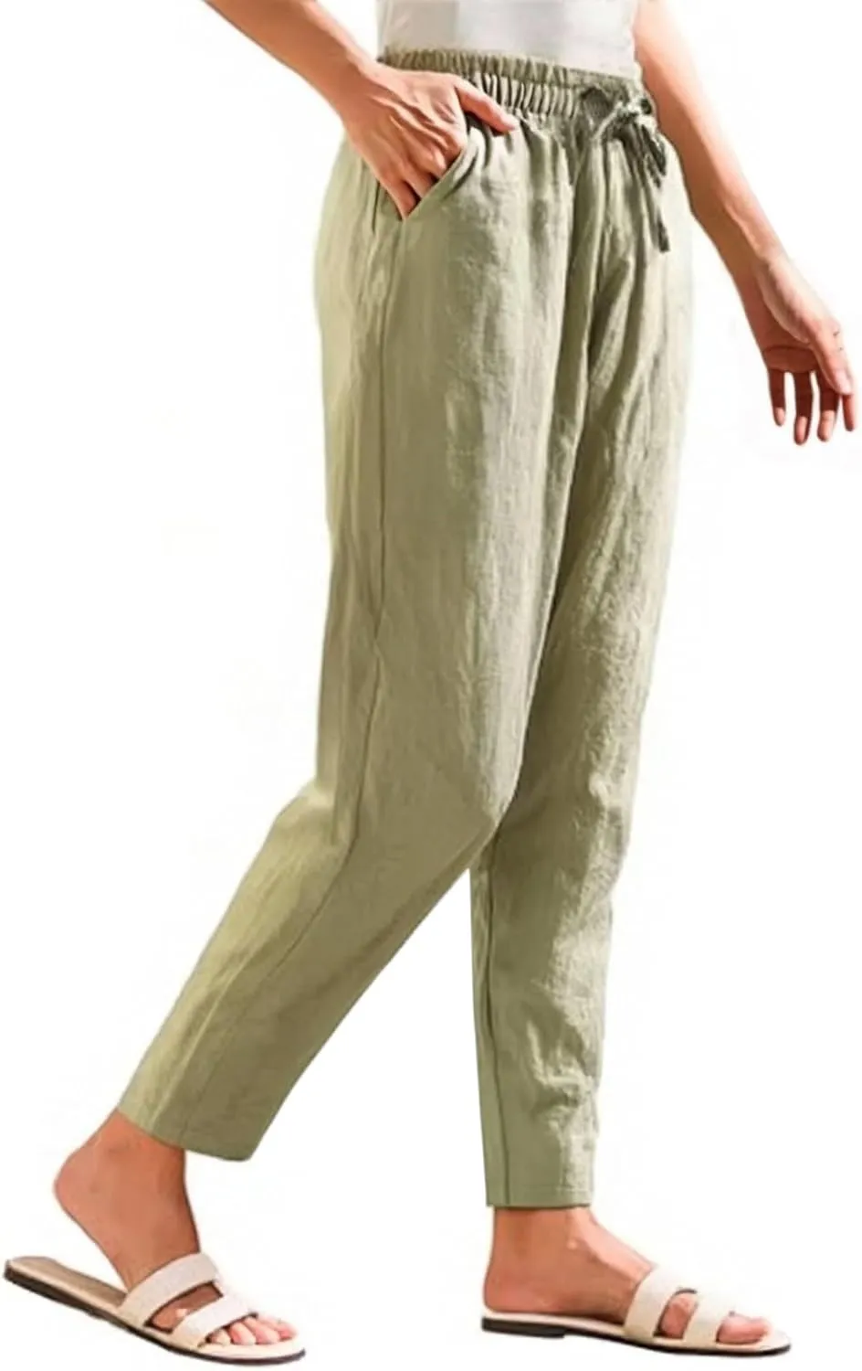 Linen Pants Women Wide Leg Palazzo Pants High Elastic Waisted Lounge Pants with Pockets Drawstring