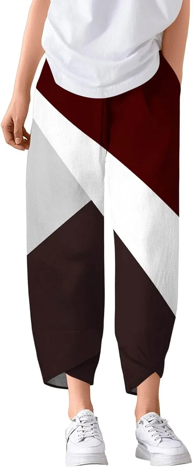 Linen Pants Women Wide Leg Summer Capri Pants with Pockets Elastic Waist Lounge Palazzo Crop Beach Baggy Trousers