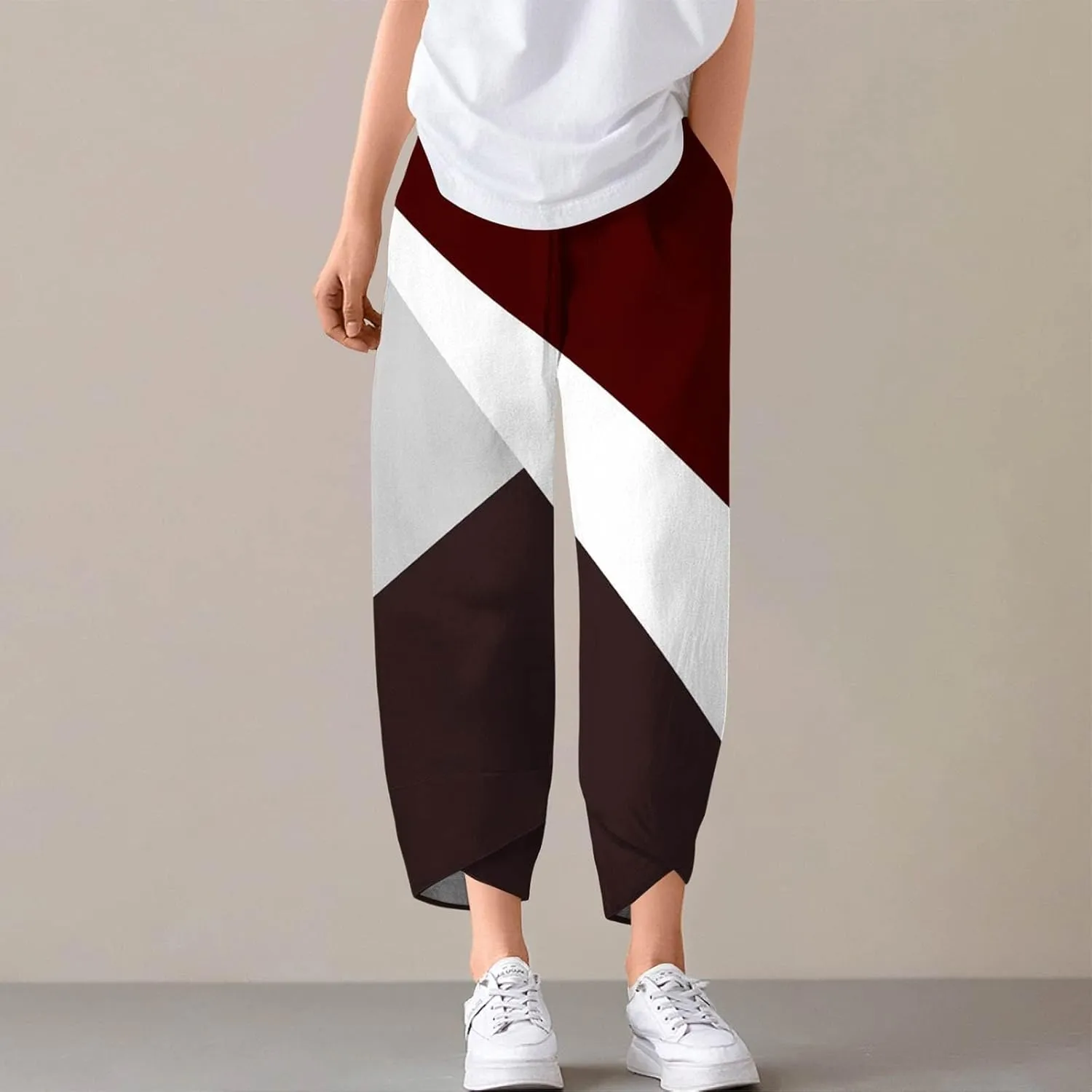 Linen Pants Women Wide Leg Summer Capri Pants with Pockets Elastic Waist Lounge Palazzo Crop Beach Baggy Trousers