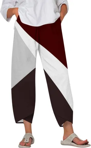 Linen Pants Women Wide Leg Summer Capri Pants with Pockets Elastic Waist Lounge Palazzo Crop Beach Baggy Trousers