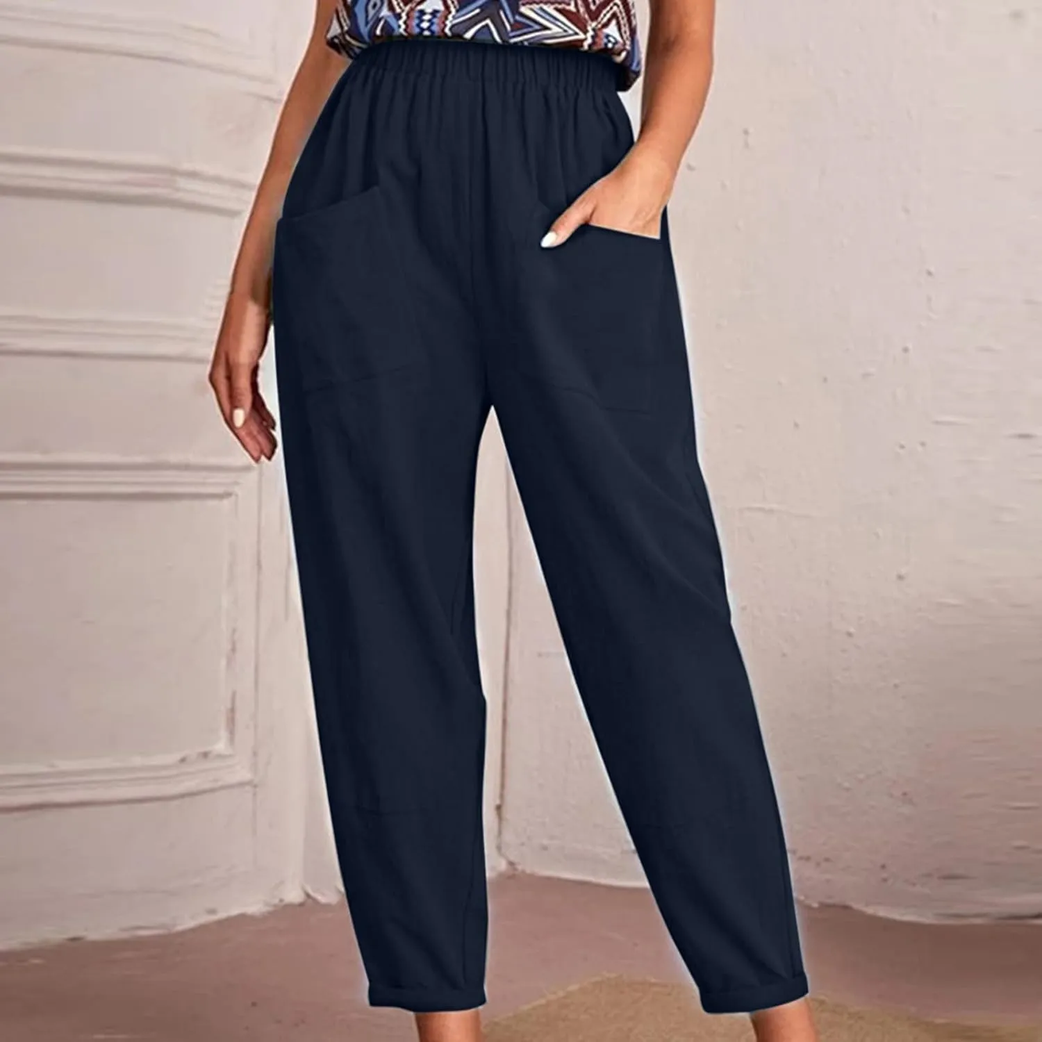 Linen Summer Pants Women Casual Baggy Elastic Waist Trouser Wide Leg Pant with Pocket Tailored Linen Pants for Women