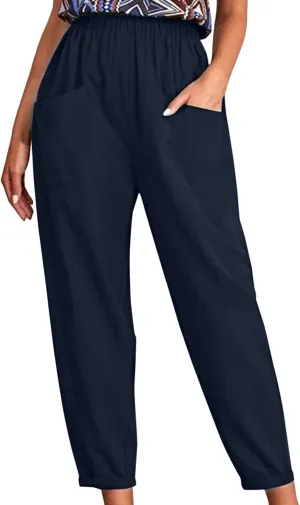 Linen Summer Pants Women Casual Baggy Elastic Waist Trouser Wide Leg Pant with Pocket Tailored Linen Pants for Women