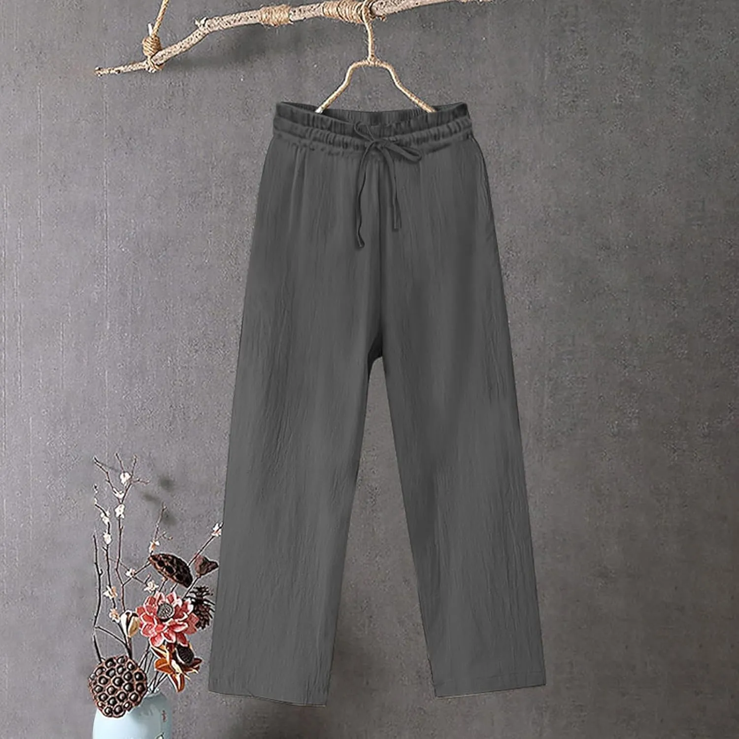 Lmdudan 2025 Summer Plus Size Cotton Linen Pants for Women High Waisted Lounge Trousers Wide Leg Palazzo Pant with Pockets