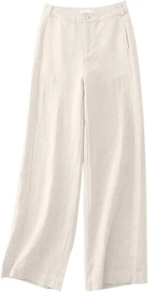 Lmdudan 2025 Women's Cotton Linen Pants Wide Straight Leg Pants Elastic High Waisted Casual Loose Trousers with Pockets