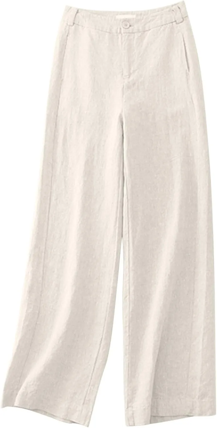 Lmdudan 2025 Women's Cotton Linen Pants Wide Straight Leg Pants Elastic High Waisted Casual Loose Trousers with Pockets