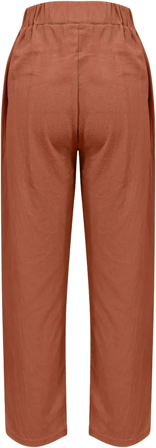 Lmdudan Women Cotton Linen Pants Elastic Waist Straight Leg Casual Pant 2025 Summer Lightweight Trousers Vacation Outfits