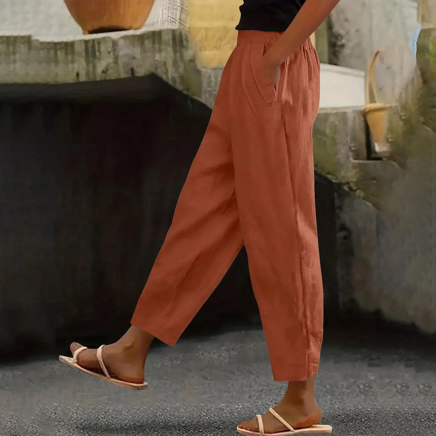 Lmdudan Women Cotton Linen Pants Elastic Waist Straight Leg Casual Pant 2025 Summer Lightweight Trousers Vacation Outfits