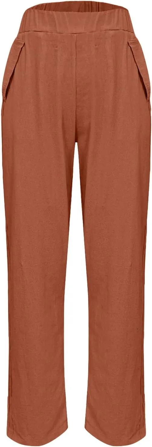 Lmdudan Women Cotton Linen Pants Elastic Waist Straight Leg Casual Pant 2025 Summer Lightweight Trousers Vacation Outfits