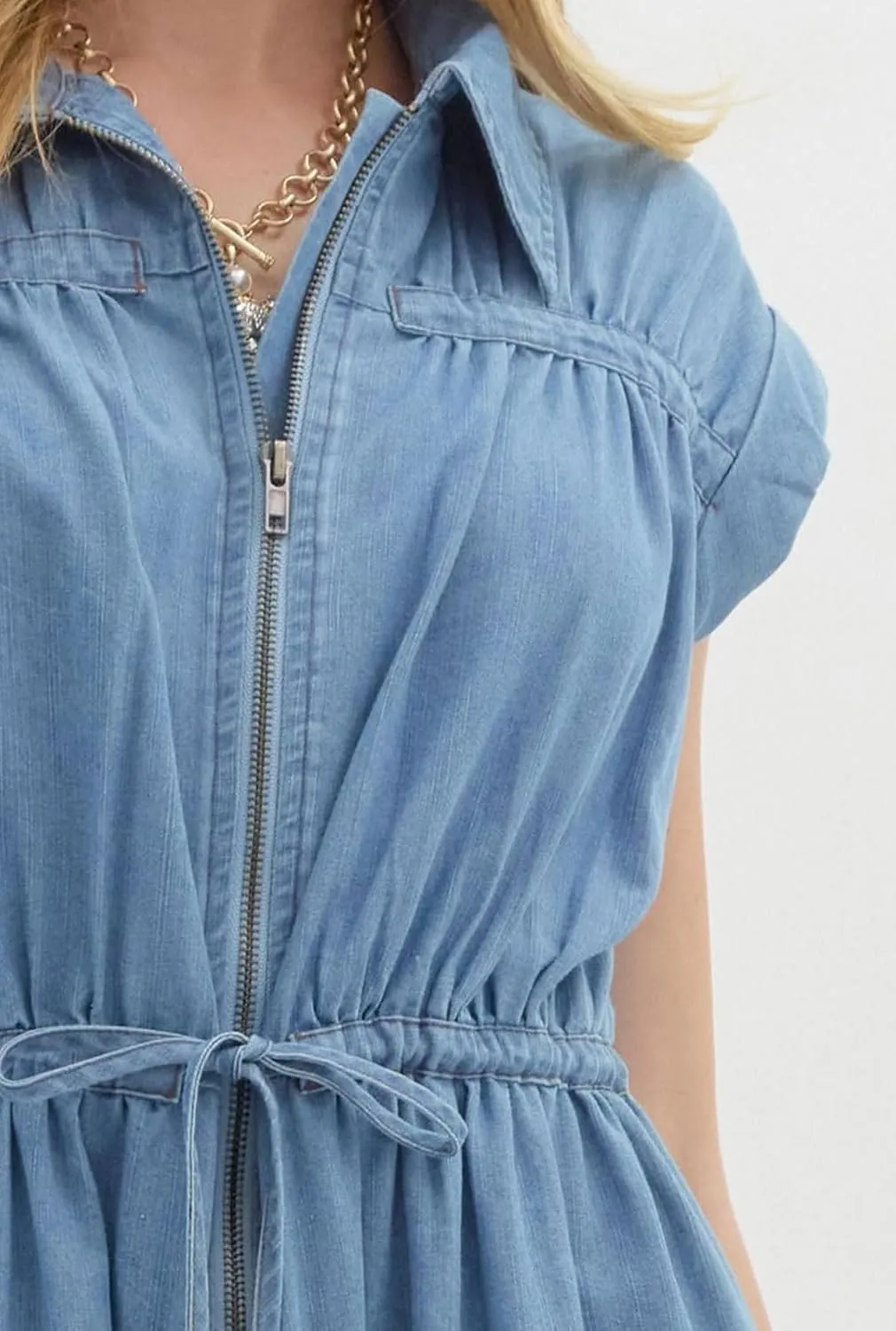 loveimgs Women Summer Cap Sleeve Denim Midi Dress Long Jean Tunic Shirt Dress Zip Up Pleated A Line Dress Drawstring
