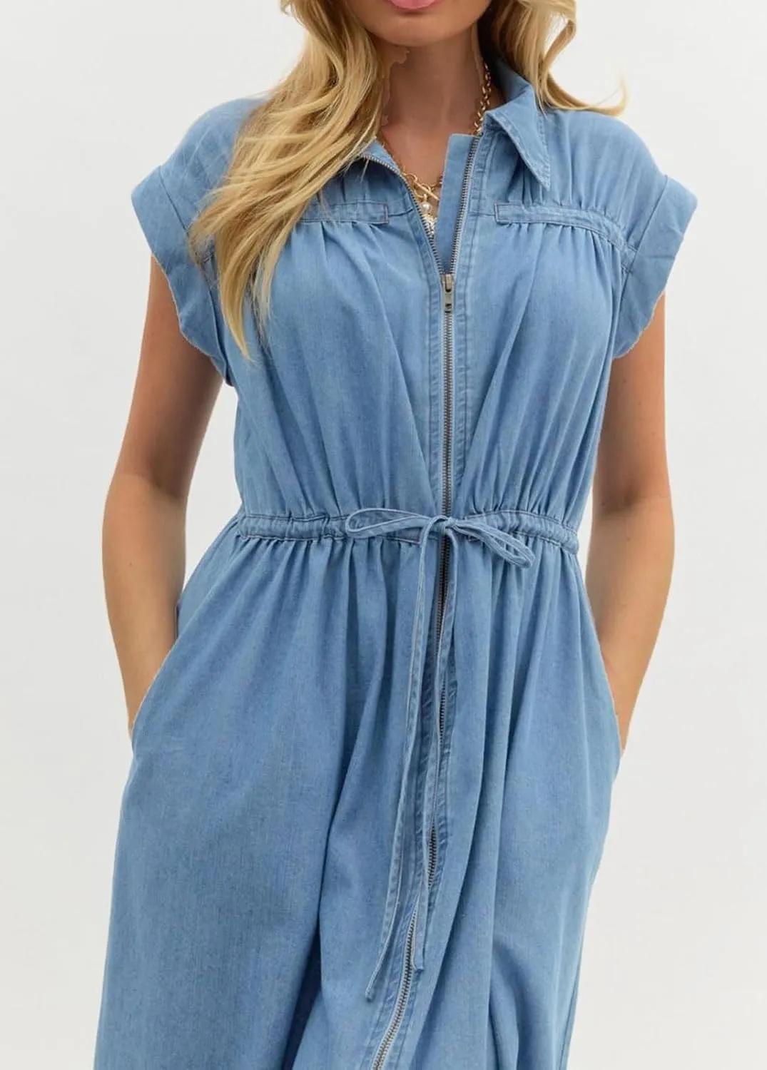 loveimgs Women Summer Cap Sleeve Denim Midi Dress Long Jean Tunic Shirt Dress Zip Up Pleated A Line Dress Drawstring