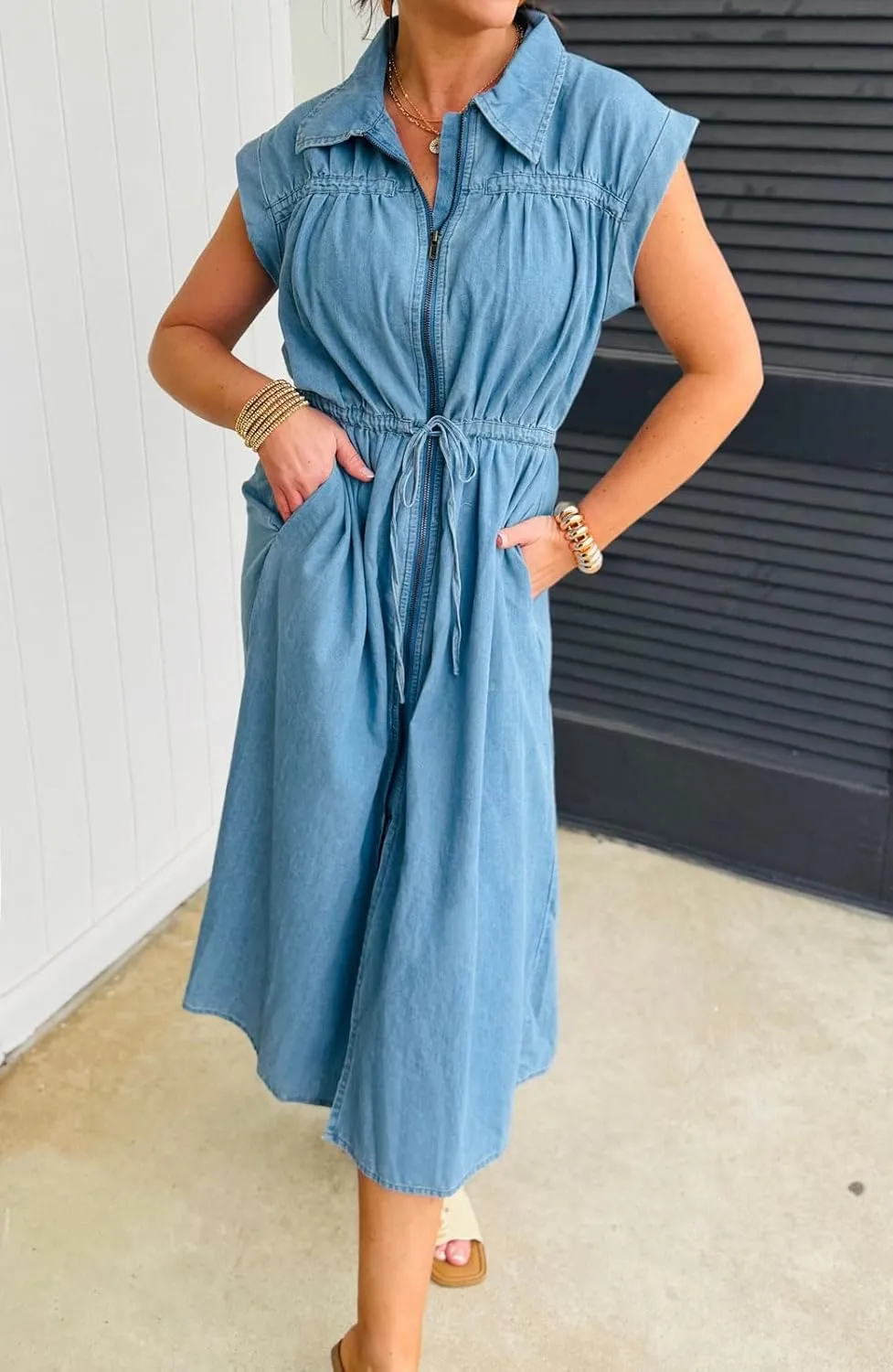 loveimgs Women Summer Cap Sleeve Denim Midi Dress Long Jean Tunic Shirt Dress Zip Up Pleated A Line Dress Drawstring