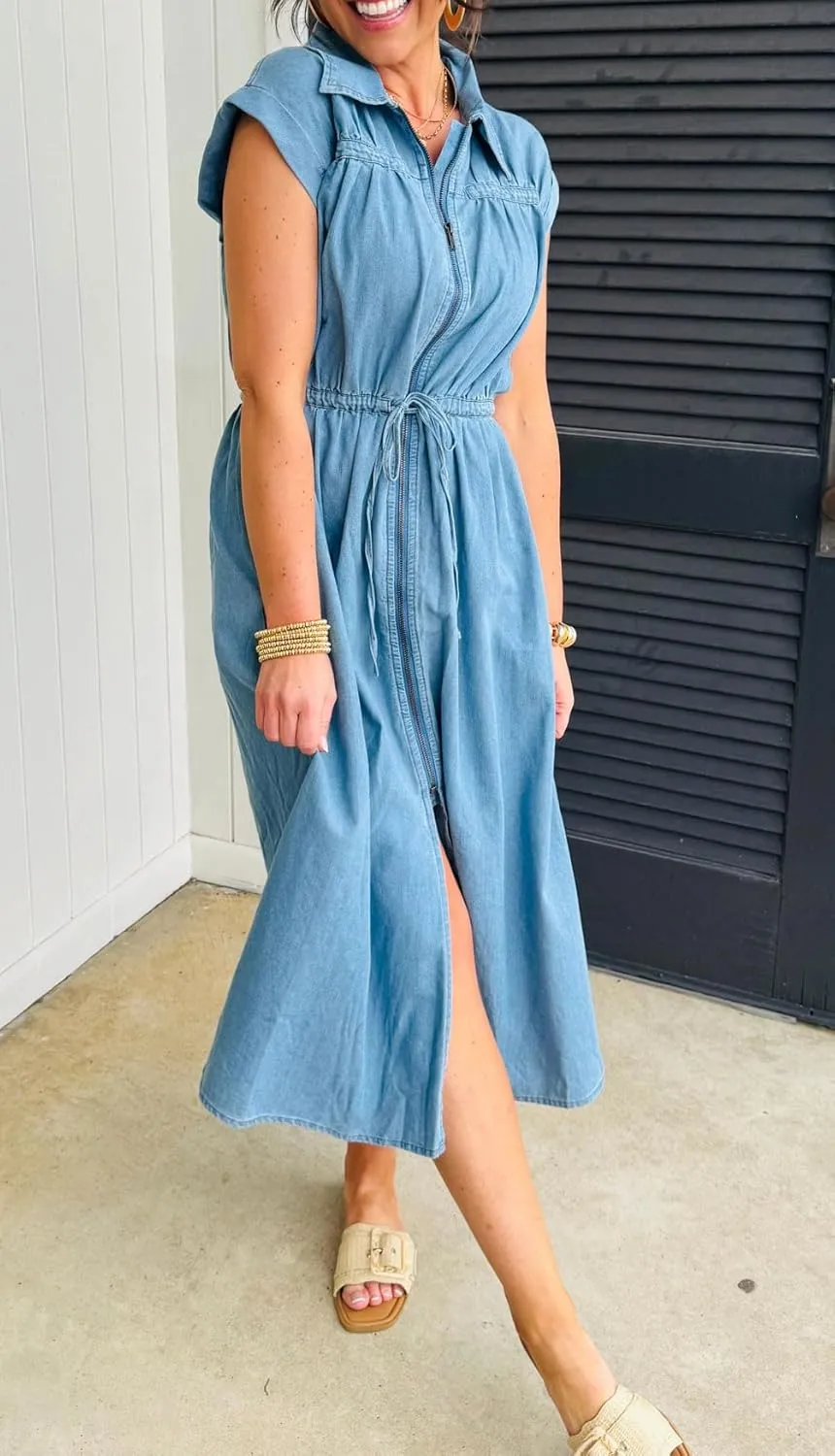 loveimgs Women Summer Cap Sleeve Denim Midi Dress Long Jean Tunic Shirt Dress Zip Up Pleated A Line Dress Drawstring