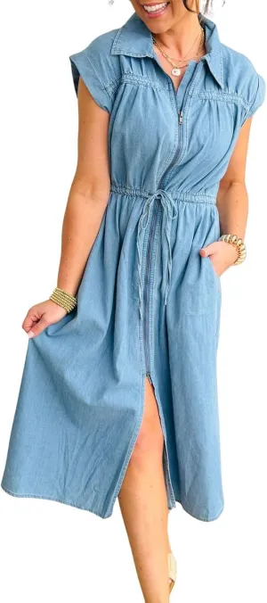 loveimgs Women Summer Cap Sleeve Denim Midi Dress Long Jean Tunic Shirt Dress Zip Up Pleated A Line Dress Drawstring