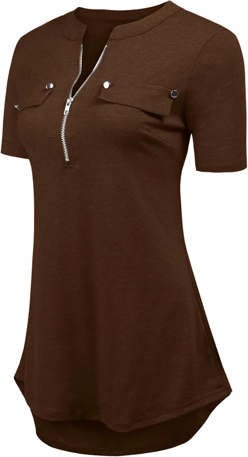 LuckyMore Women's Short Sleeve Zip Flowy Tunic Tops Business Casual Work Office Blouses Shirts (M-3XL)