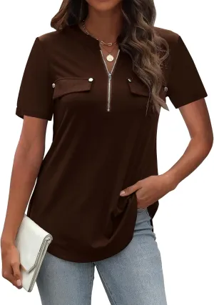 LuckyMore Women's Short Sleeve Zip Flowy Tunic Tops Business Casual Work Office Blouses Shirts (M-3XL)