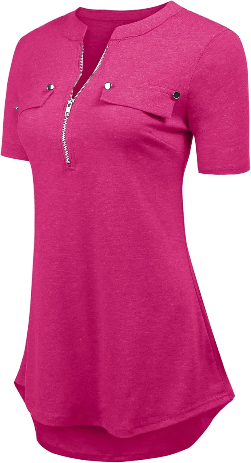 LuckyMore Women's Short Sleeve Zip Flowy Tunic Tops Business Casual Work Office Blouses Shirts (M-3XL)