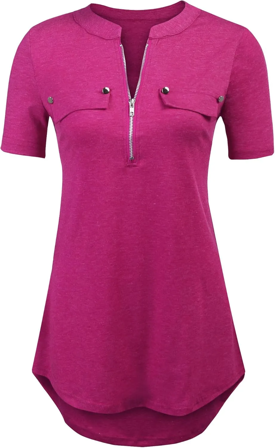 LuckyMore Women's Short Sleeve Zip Flowy Tunic Tops Business Casual Work Office Blouses Shirts (M-3XL)