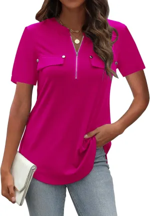 LuckyMore Women's Short Sleeve Zip Flowy Tunic Tops Business Casual Work Office Blouses Shirts (M-3XL)