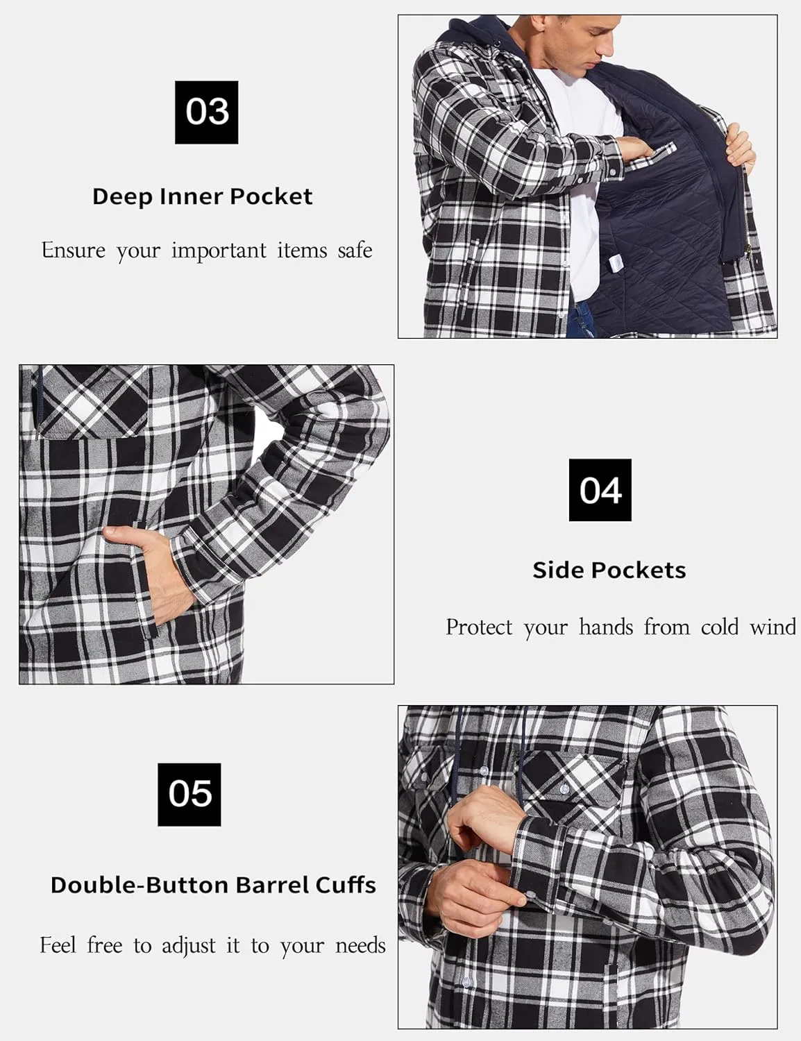 MAGCOMSEN Men's Flannel Jacket with Removable Hood 5 Pockets Quilted Plaid Shirt Jackets Winter Coats Thick Flannel Hoodie