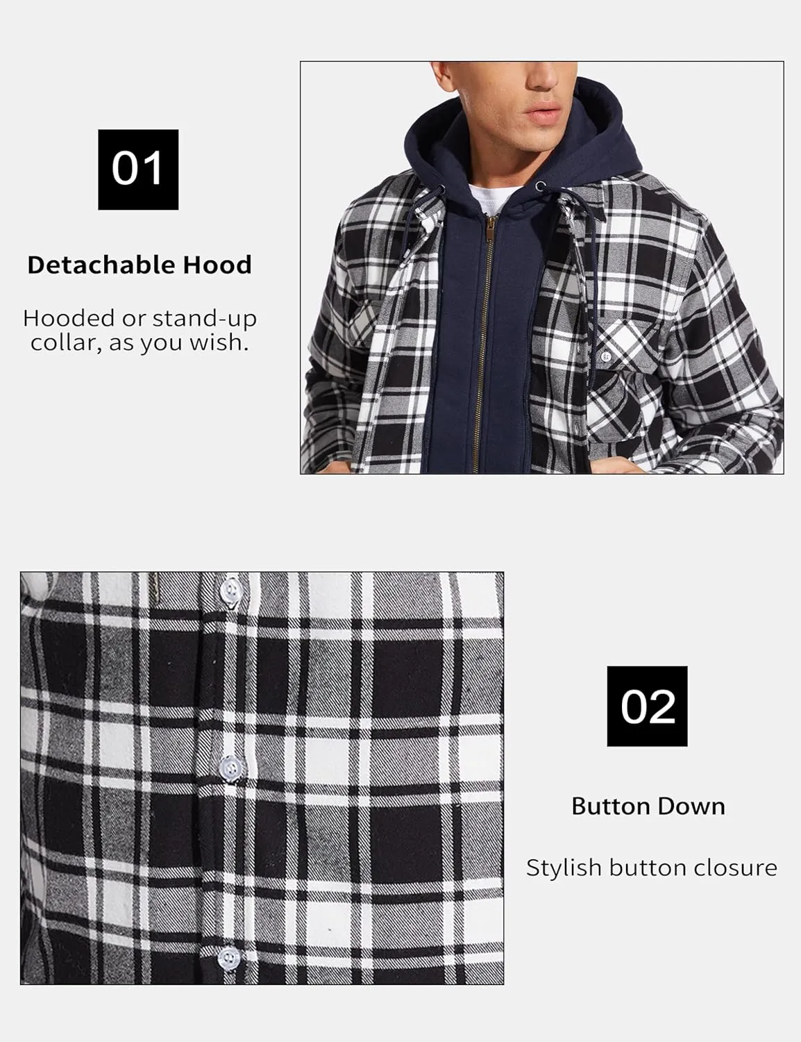 MAGCOMSEN Men's Flannel Jacket with Removable Hood 5 Pockets Quilted Plaid Shirt Jackets Winter Coats Thick Flannel Hoodie