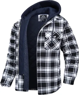 MAGCOMSEN Men's Flannel Jacket with Removable Hood 5 Pockets Quilted Plaid Shirt Jackets Winter Coats Thick Flannel Hoodie