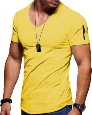 Maiyifu-GJ Men's V Neck Muscle Workout Athletic T-Shirt Bodybuilding Fashion Short Sleeve Slim Fit Zipper Tee Top