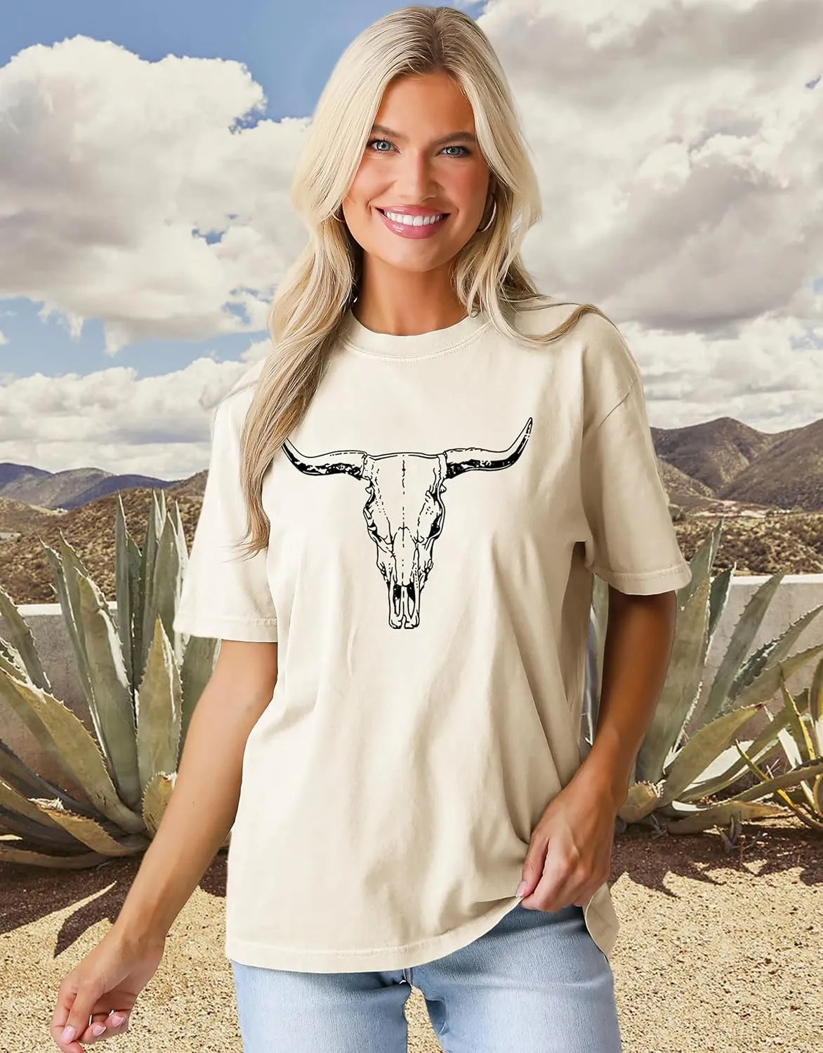MAPICK Women Boho Cow Skull T-Shirts Western Cowgirls Graphic Crewneck Shirts Country Concert Short Sleeve Outfits