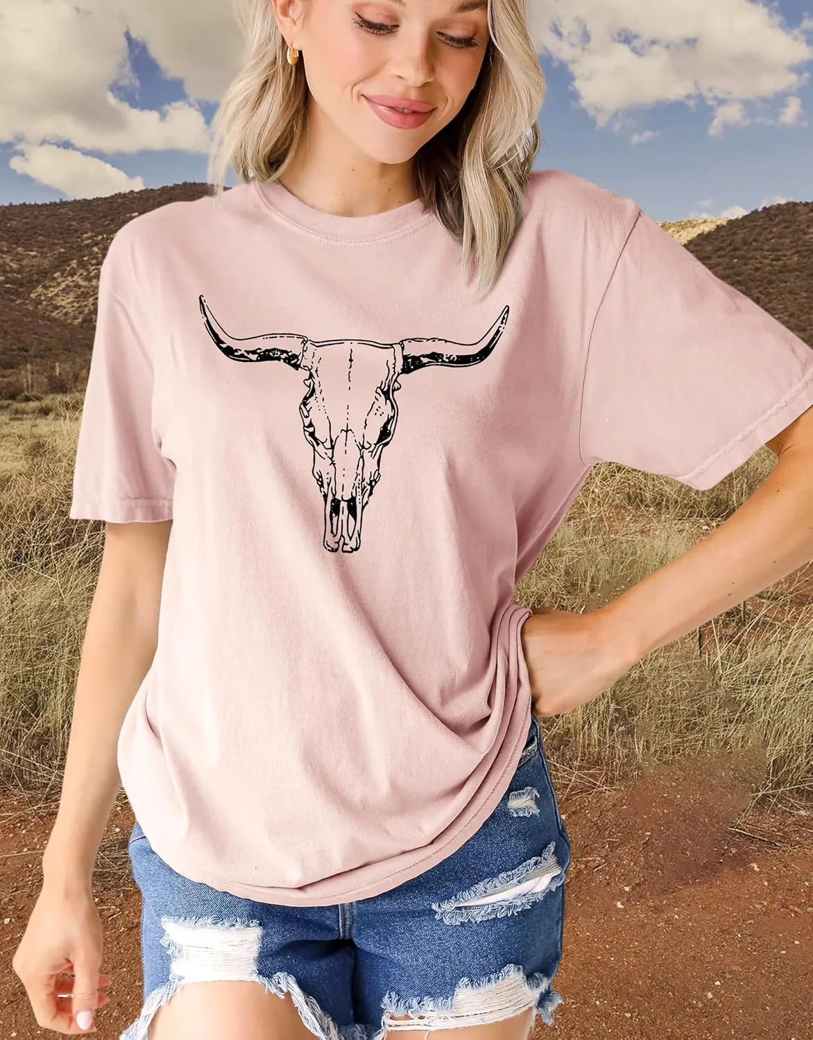 MAPICK Women Boho Cow Skull T-Shirts Western Cowgirls Graphic Crewneck Shirts Country Concert Short Sleeve Outfits