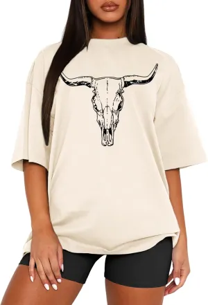 MAPICK Women Boho Cow Skull T-Shirts Western Cowgirls Graphic Crewneck Shirts Country Concert Short Sleeve Outfits