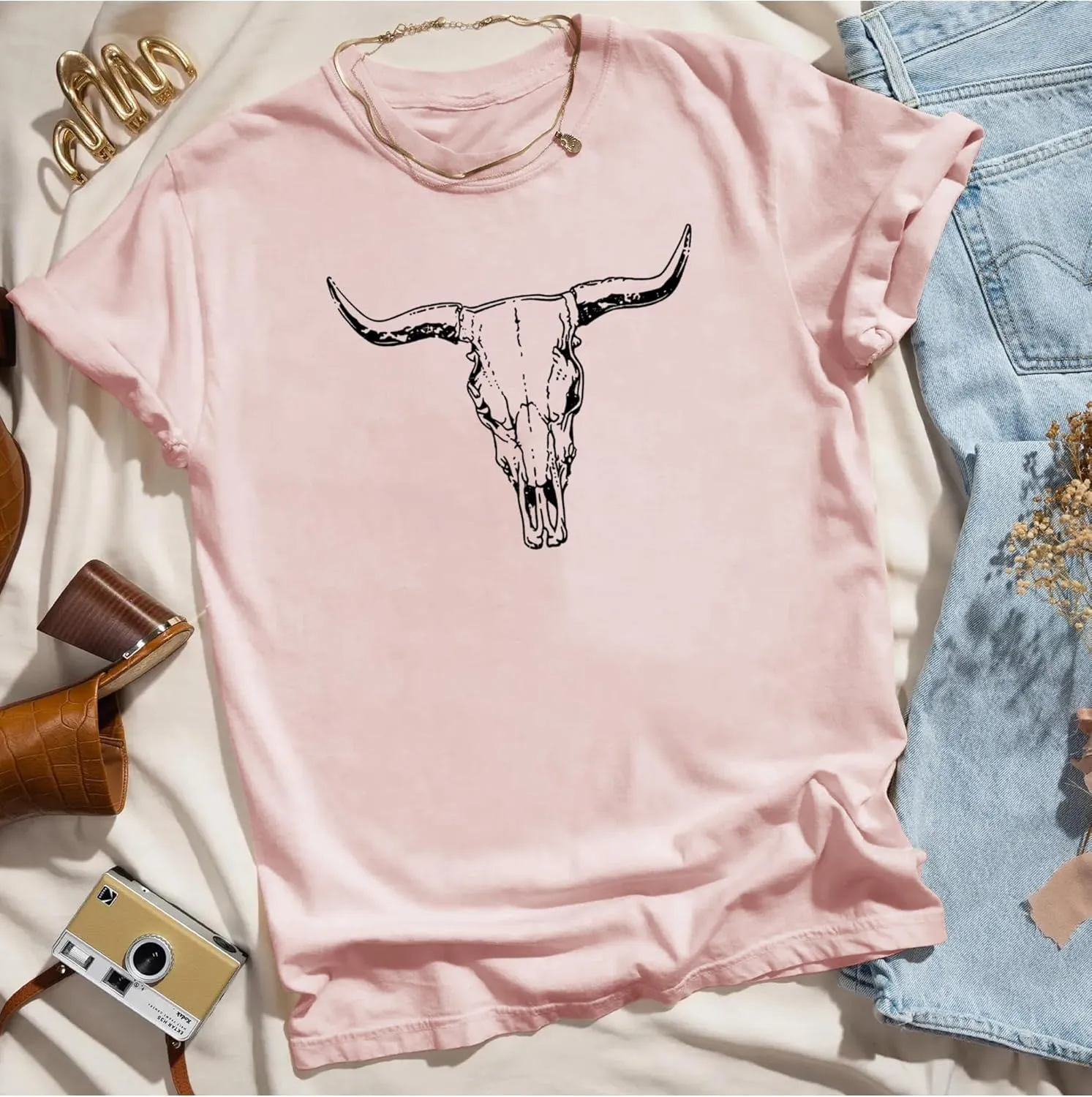 MAPICK Women Boho Cow Skull T-Shirts Western Cowgirls Graphic Crewneck Shirts Country Concert Short Sleeve Outfits