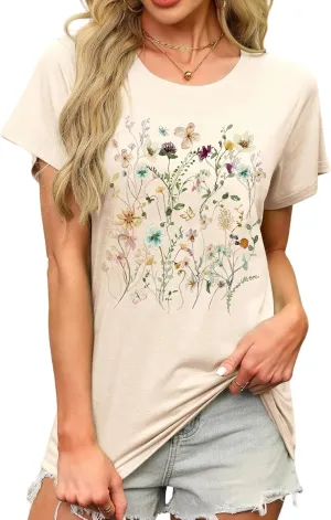 MAPICK Women's Floral Graphic Tees Short Sleeve Casual T-Shirts Boho Style Cute Summer Loose Fit Tops