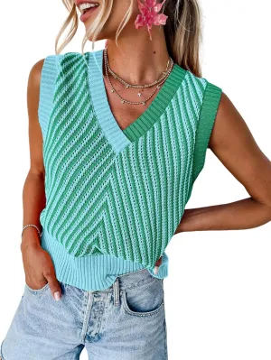 MARZXIN Women Sleeveless Sweater V Neck Casual 2025 Knitted Chevron V Neck Sweater Vest Color Block Pullover Sweater Top