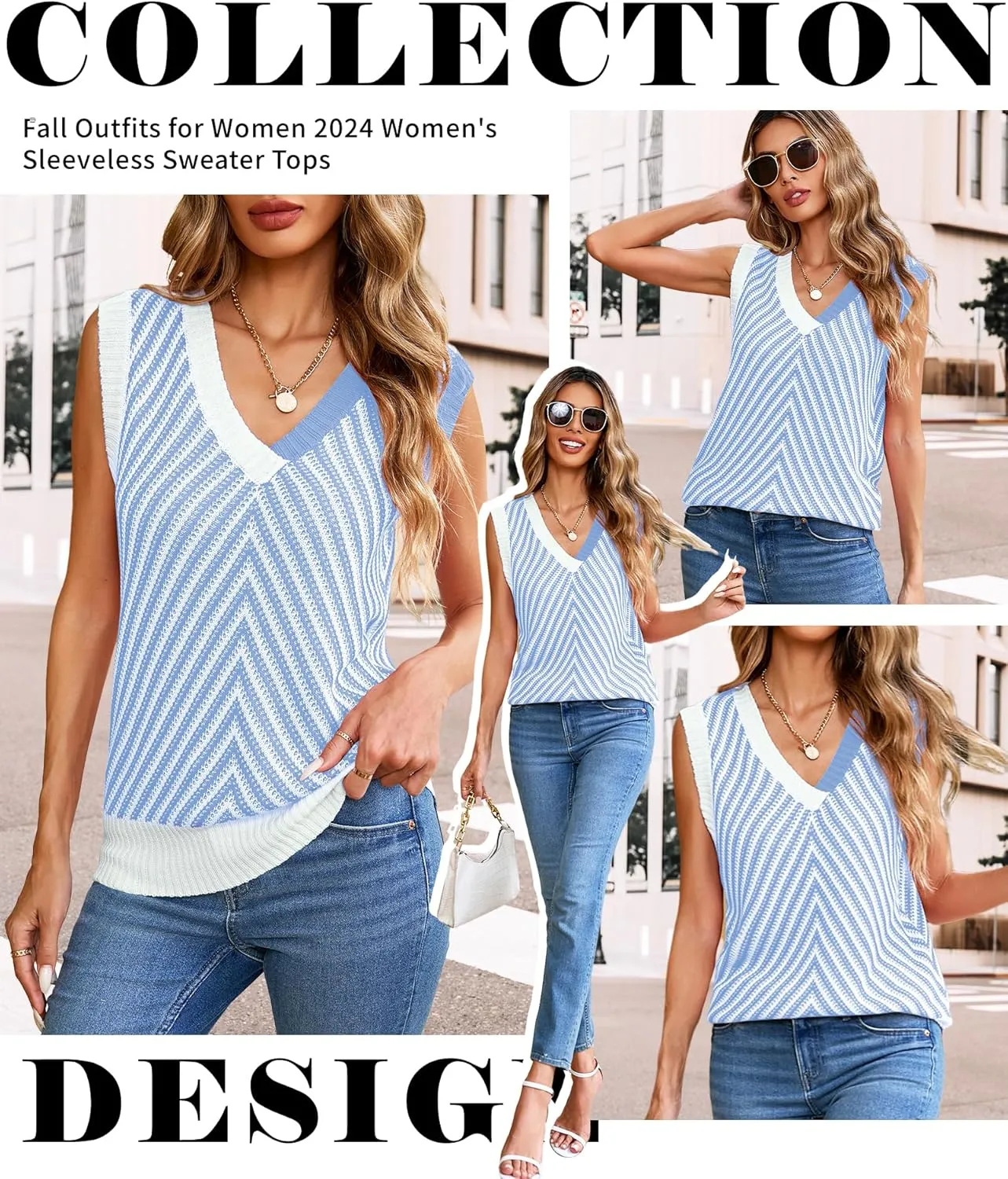 MARZXIN Women Sleeveless Sweater V Neck Casual 2025 Knitted Chevron V Neck Sweater Vest Color Block Pullover Sweater Top