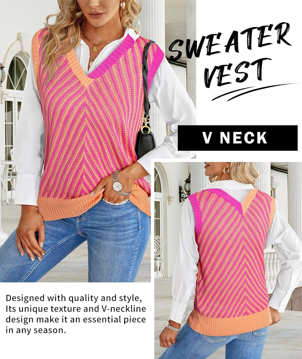 MARZXIN Women Sleeveless Sweater V Neck Casual 2025 Knitted Chevron V Neck Sweater Vest Color Block Pullover Sweater Top