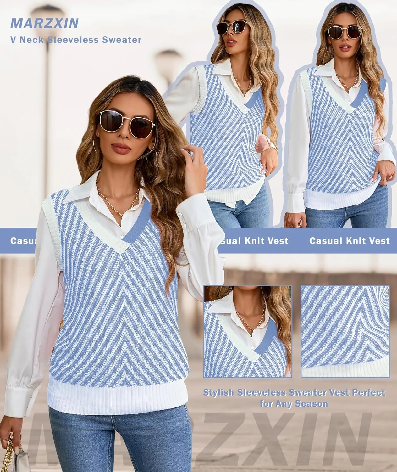 MARZXIN Women Sleeveless Sweater V Neck Casual 2025 Knitted Chevron V Neck Sweater Vest Color Block Pullover Sweater Top