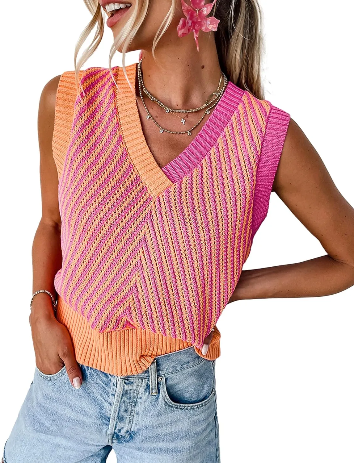 MARZXIN Women Sleeveless Sweater V Neck Casual 2025 Knitted Chevron V Neck Sweater Vest Color Block Pullover Sweater Top