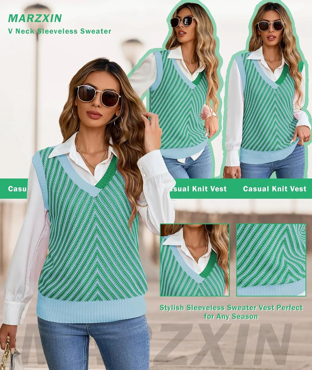 MARZXIN Women Sleeveless Sweater V Neck Casual 2025 Knitted Chevron V Neck Sweater Vest Color Block Pullover Sweater Top