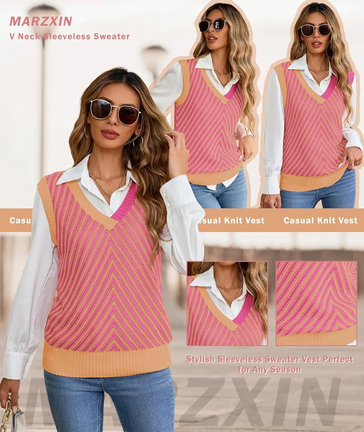 MARZXIN Women Sleeveless Sweater V Neck Casual 2025 Knitted Chevron V Neck Sweater Vest Color Block Pullover Sweater Top