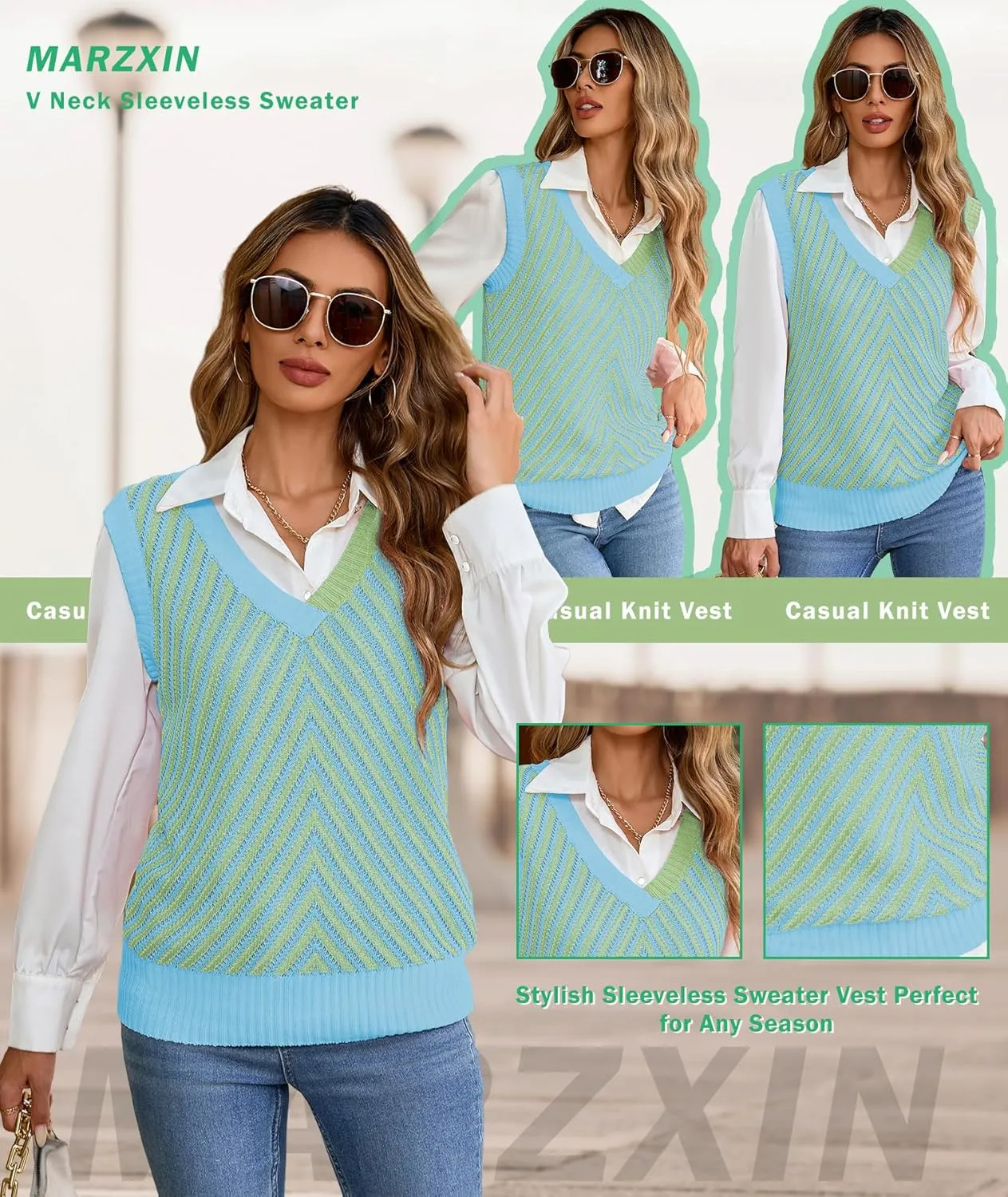 MARZXIN Women Sleeveless Sweater V Neck Casual 2025 Knitted Chevron V Neck Sweater Vest Color Block Pullover Sweater Top