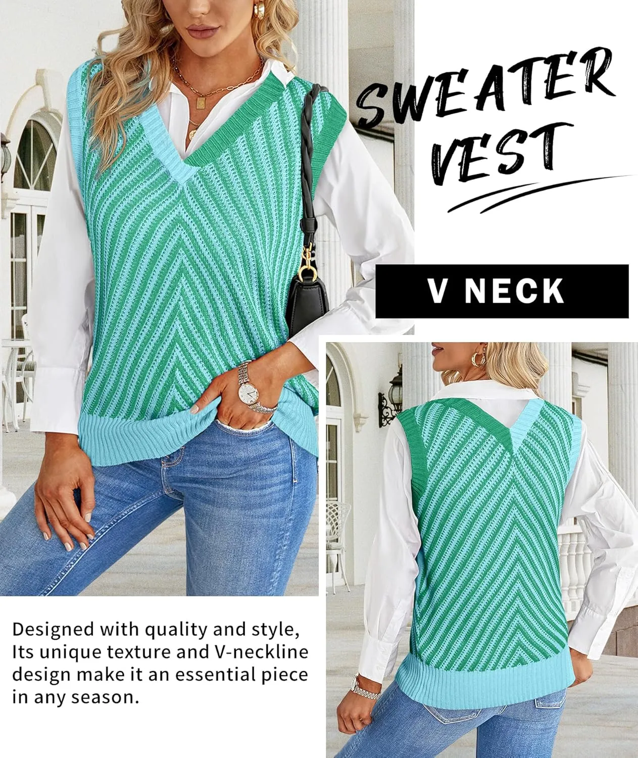 MARZXIN Women Sleeveless Sweater V Neck Casual 2025 Knitted Chevron V Neck Sweater Vest Color Block Pullover Sweater Top
