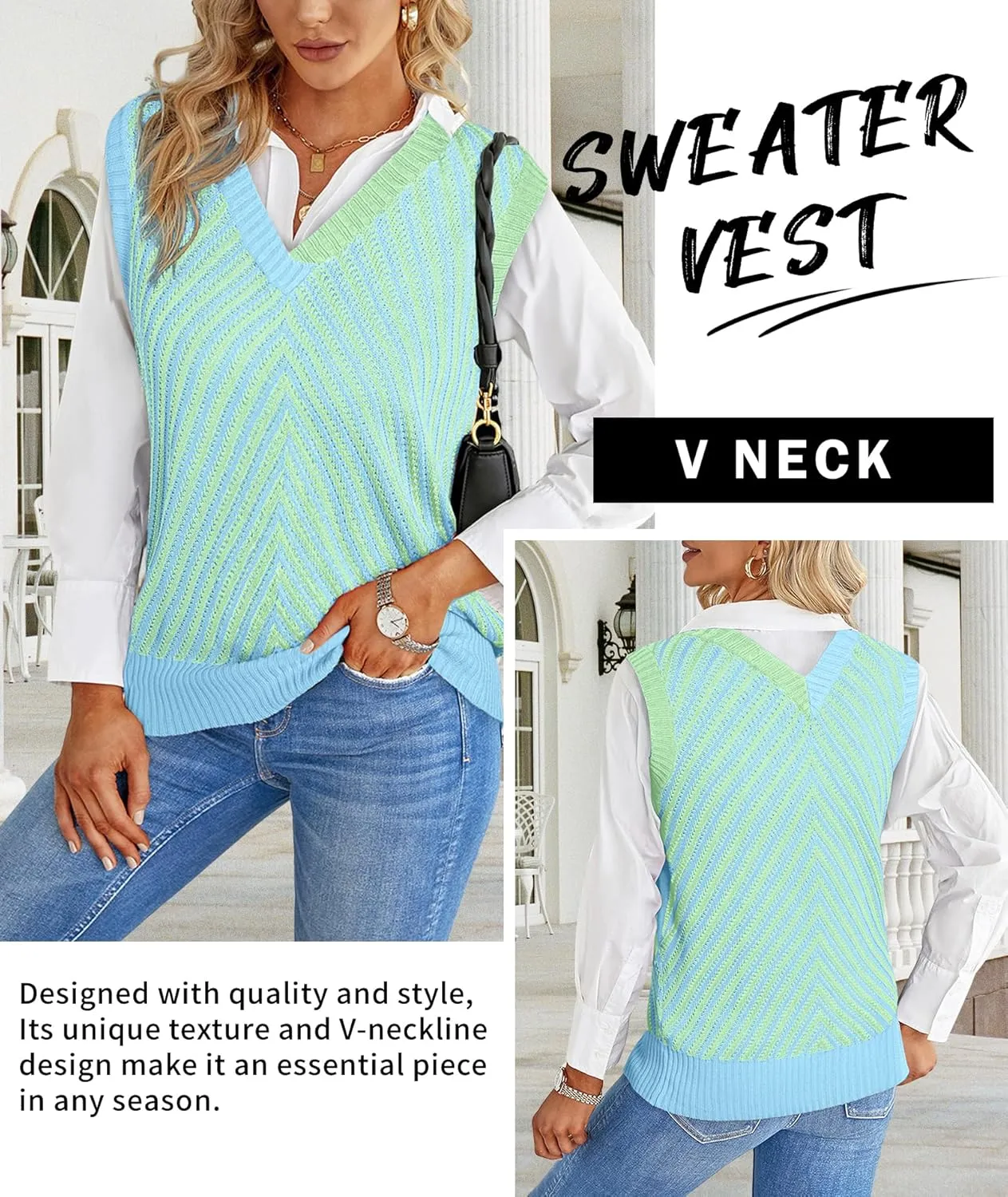 MARZXIN Women Sleeveless Sweater V Neck Casual 2025 Knitted Chevron V Neck Sweater Vest Color Block Pullover Sweater Top