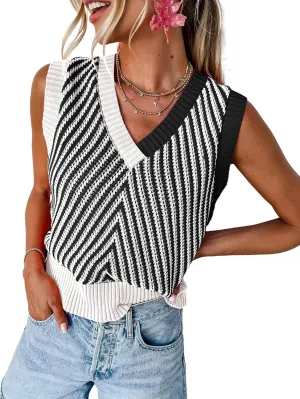 MARZXIN Women Sleeveless Sweater V Neck Casual 2025 Knitted Chevron V Neck Sweater Vest Color Block Pullover Sweater Top