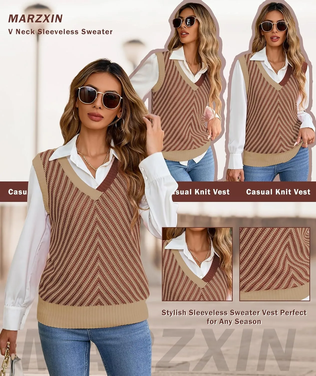 MARZXIN Women Sleeveless Sweater V Neck Casual 2025 Knitted Chevron V Neck Sweater Vest Color Block Pullover Sweater Top