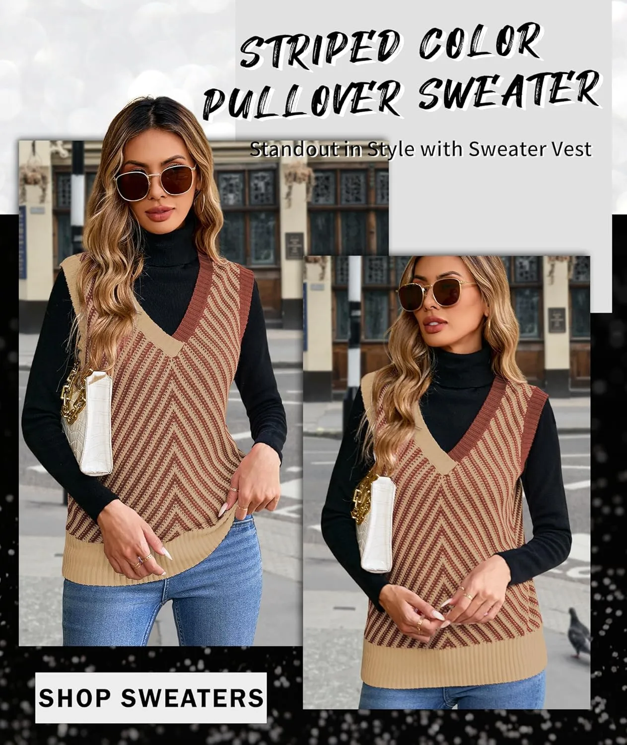 MARZXIN Women Sleeveless Sweater V Neck Casual 2025 Knitted Chevron V Neck Sweater Vest Color Block Pullover Sweater Top