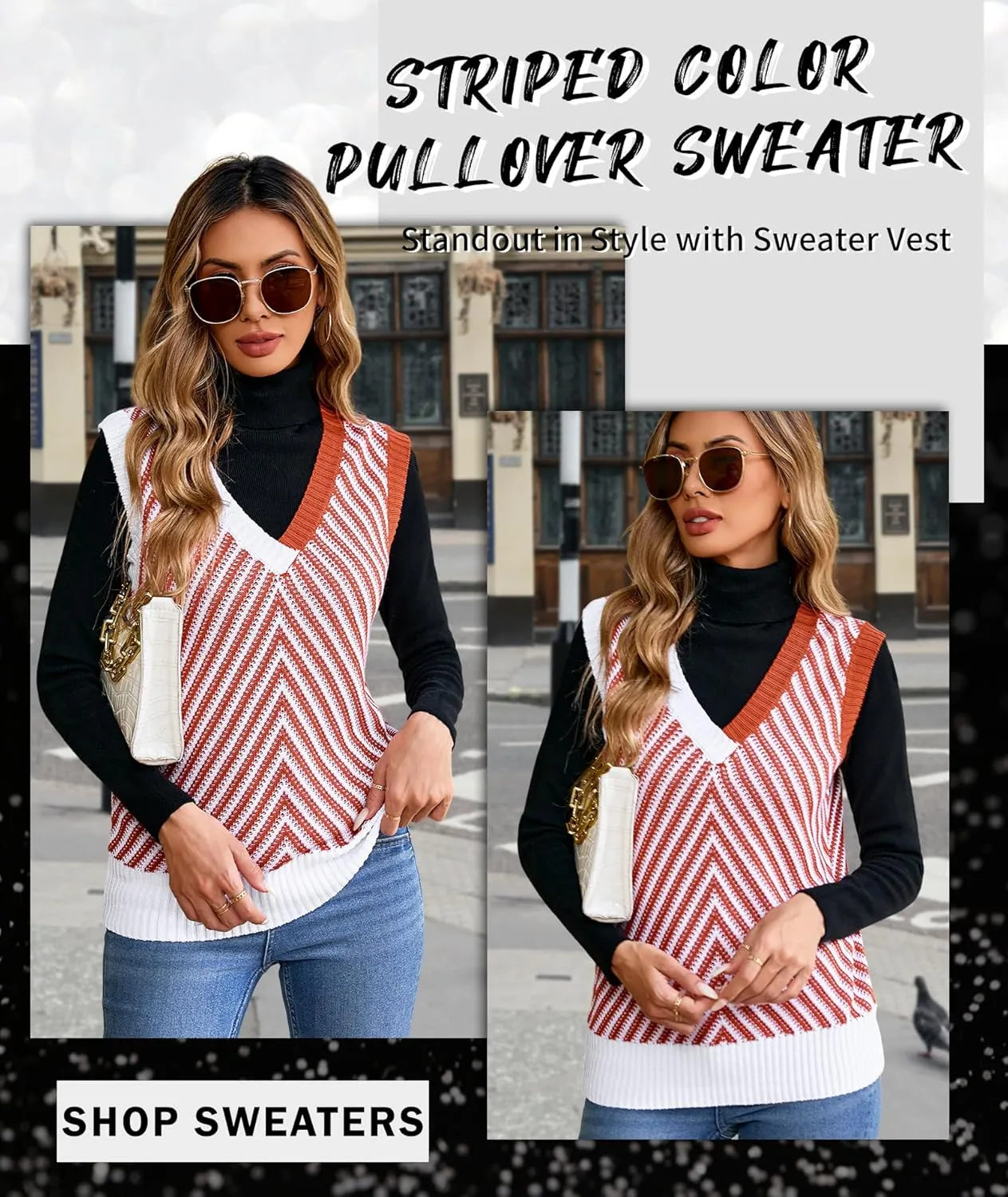 MARZXIN Women Sleeveless Sweater V Neck Casual 2025 Knitted Chevron V Neck Sweater Vest Color Block Pullover Sweater Top